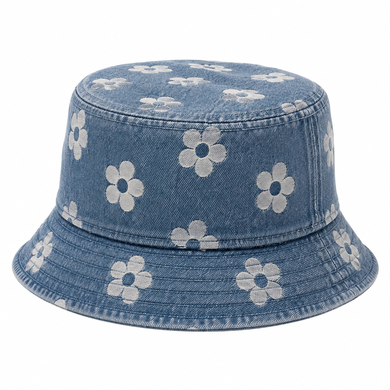 Fischerhut Einheitsgröße aus Denim Blau mit Blumenstickerei