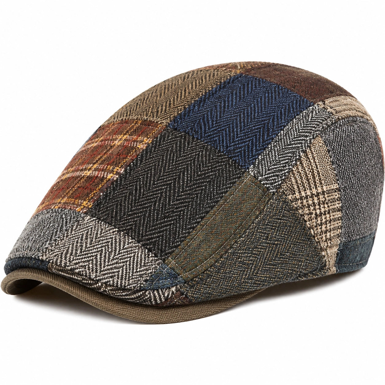 Schiebermütze Einheitsgröße aus Stoff in Braun Blau Grau mit Patchwork-Design