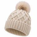 Strickmütze Einheitsgröße Creme mit Bommel und Zopfmuster