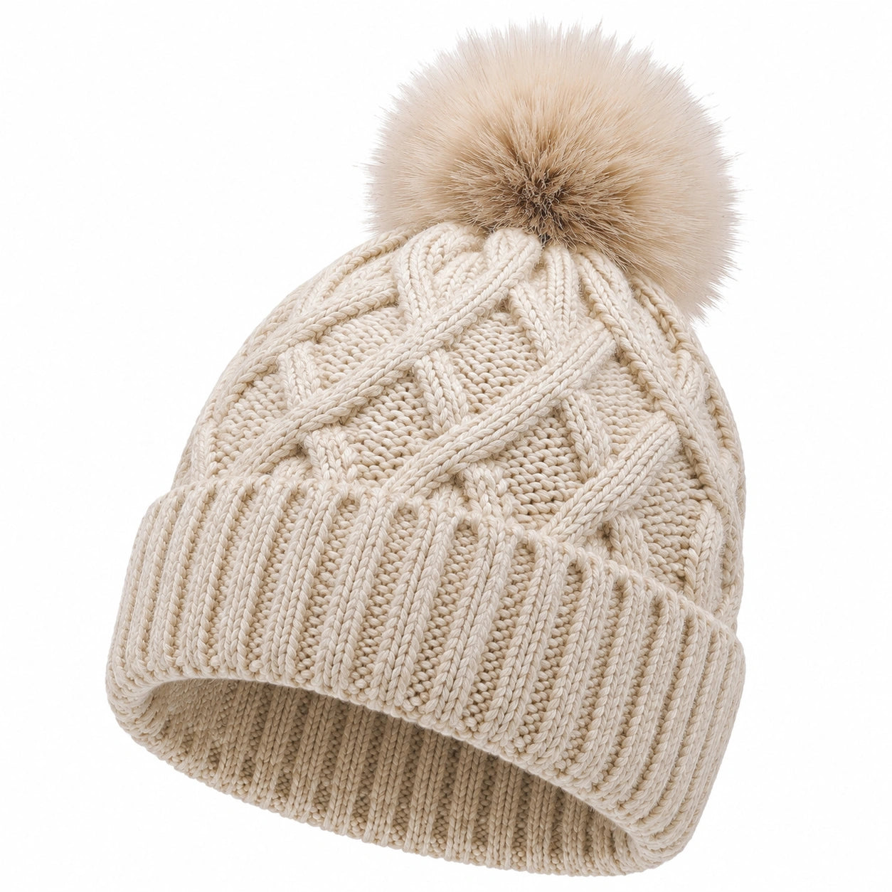 Strickmütze Einheitsgröße Creme mit Bommel und Zopfmuster