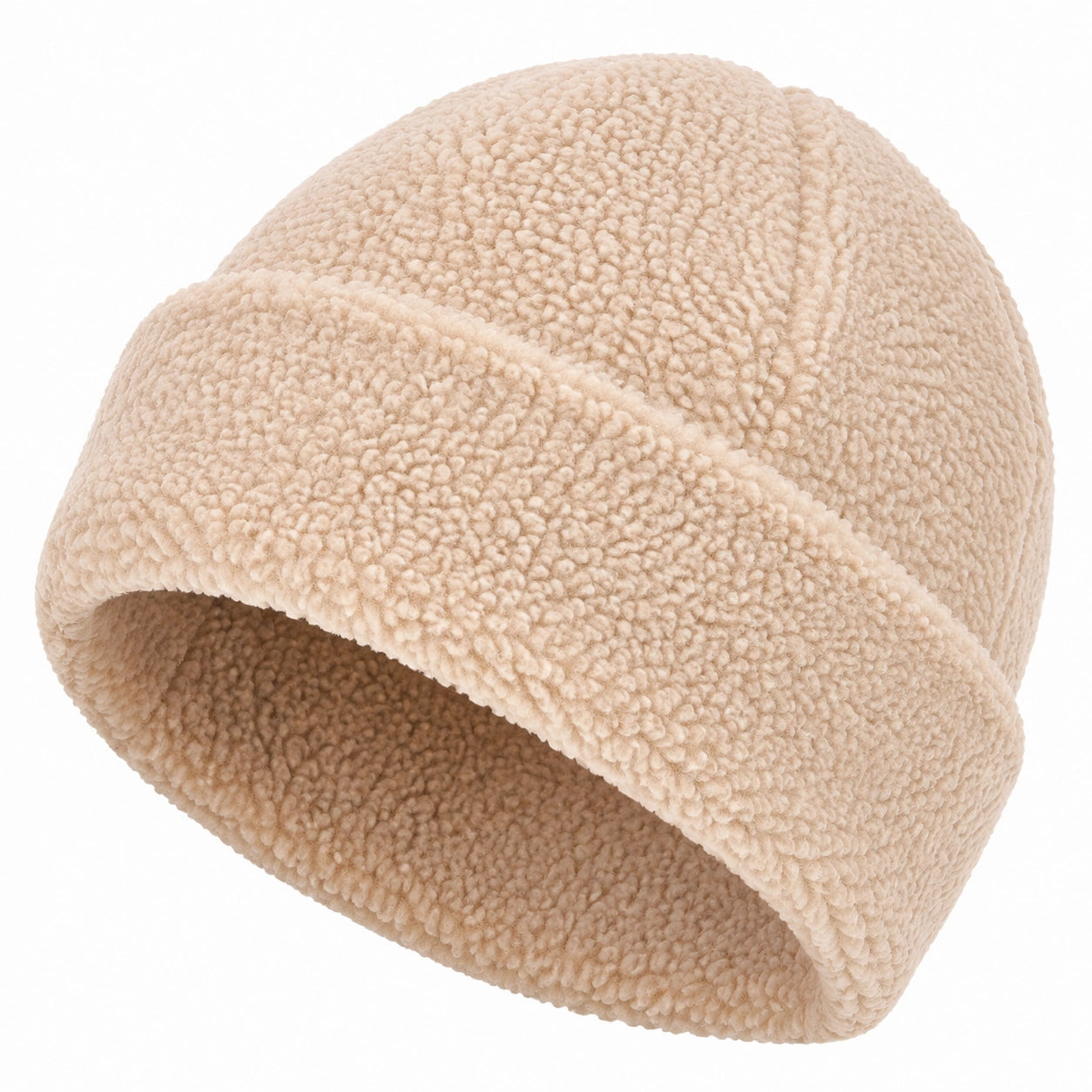 Beanie Einheitsgröße aus Teddyfleece in Beige mit Umschlag